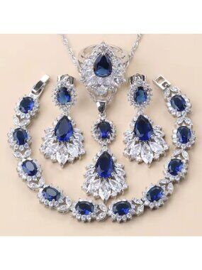 Sapphire & White CZ Silver Princess Diana Ring